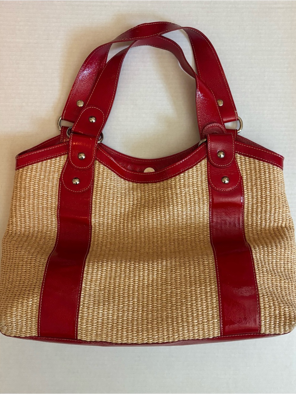 Nordstrom Straw Tote Bag with Red Patent Leather Trim